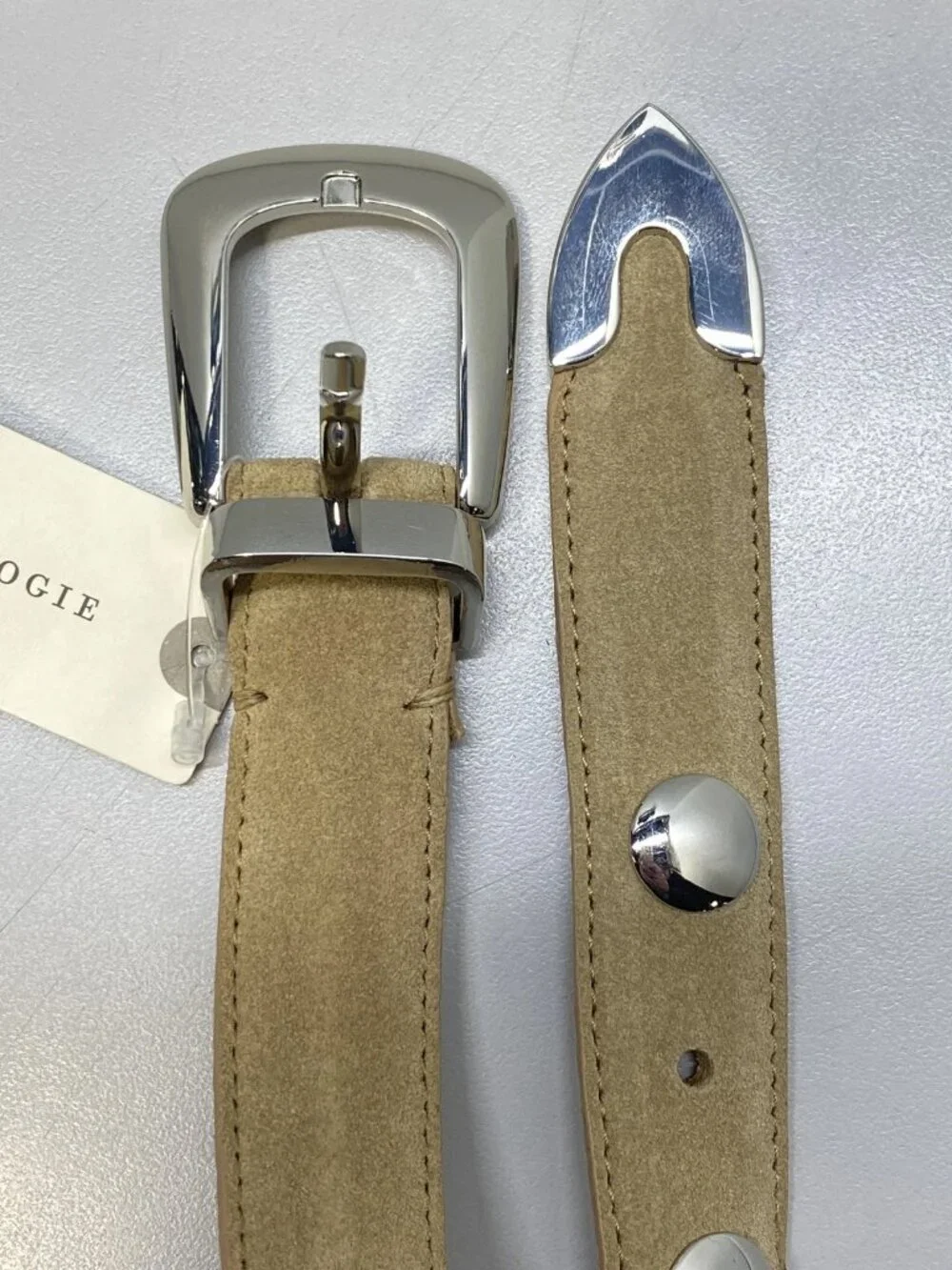 Anthropologie Unisex Western Belt Light Sand Suede Size S Studded Leather Detail